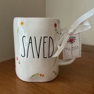 Rae Dunn White Ceramic Mug with Floral Accents and 'SAVED' Lettering